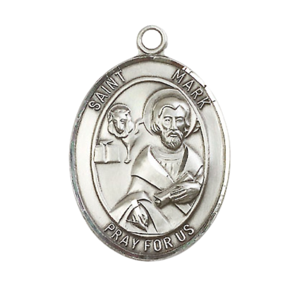 Saint St. Mark the Evangelist Men's .925 Sterling Silver Medal Necklace– Patron Saint St. of Notaries & Lawyers – 24 Inch Light Rhodium Plated Heavy Curb Chain, Catholic Medal – Velvet Gift Box