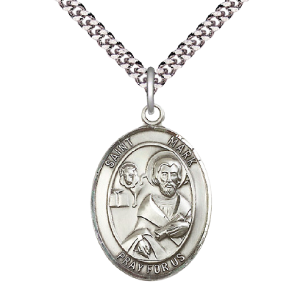 Saint St. Mark the Evangelist Men's .925 Sterling Silver Medal Necklace– Patron Saint St. of Notaries & Lawyers – 24 Inch Light Rhodium Plated Heavy Curb Chain, Catholic Medal – Velvet Gift Box