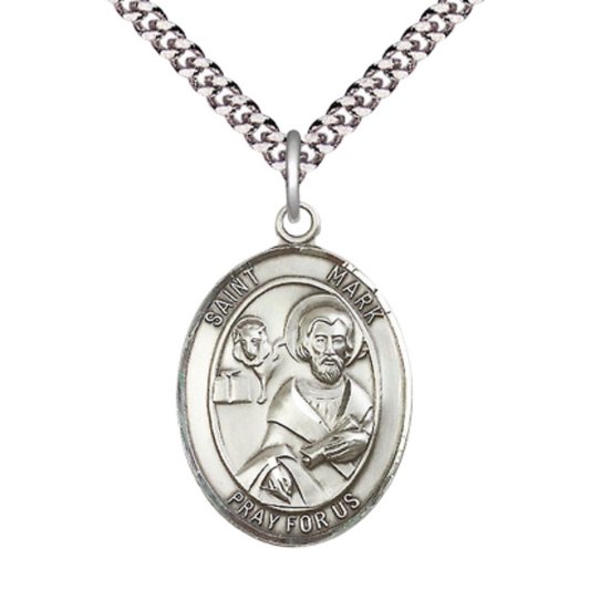Mens Oval Pewter Saint St. Mark the Evangelist Medal Pendant on 24 Inch Rhodium Plated Heavy Curb Brass Chain with Lobster Claw clasp, Catholic Religious Necklace - Made in USA - Velvet Gift Box
