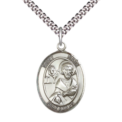 Everlasting Light Jewelry Saint Mark the Evangelist Men's Pewter Medal Necklace– Patron Saint of Notaries & Lawyers – 24” Endless Rhodium Plated Chain – Velvet Gift Box