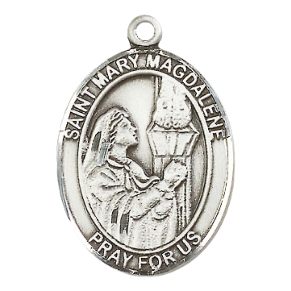 Everlasting Light Jewelry Women's Pewter Patron Saint St. Mary Magdalene Medal Pendant with 18 Inch Rhodium Plated Lite Curb Brass Chain Catholic Religious Necklace - Made in USA, Deluxe Velvet Gift Box