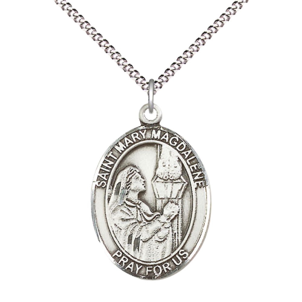 Everlasting Light Jewelry Women's Pewter Patron Saint St. Mary Magdalene Medal Pendant with 18 Inch Rhodium Plated Lite Curb Brass Chain Catholic Religious Necklace - Made in USA, Deluxe Velvet Gift Box