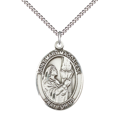 Everlasting Light Jewelry Women's Pewter Patron Saint St. Mary Magdalene Medal Pendant with 18 Inch Rhodium Plated Lite Curb Brass Chain Catholic Religious Necklace - Made in USA, Deluxe Velvet Gift Box