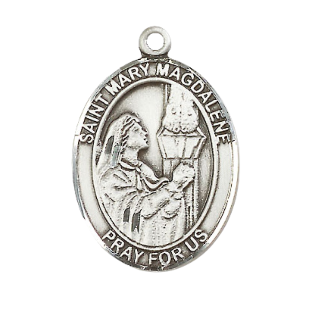 Saint St. Mary Magdalene Men's .925 Sterling Silver Medal Necklace– Patron Saint St. of Penitent Sinners – 24 Inch Light Rhodium Plated Heavy Curb Chain, Catholic Medal – Velvet Gift Bo