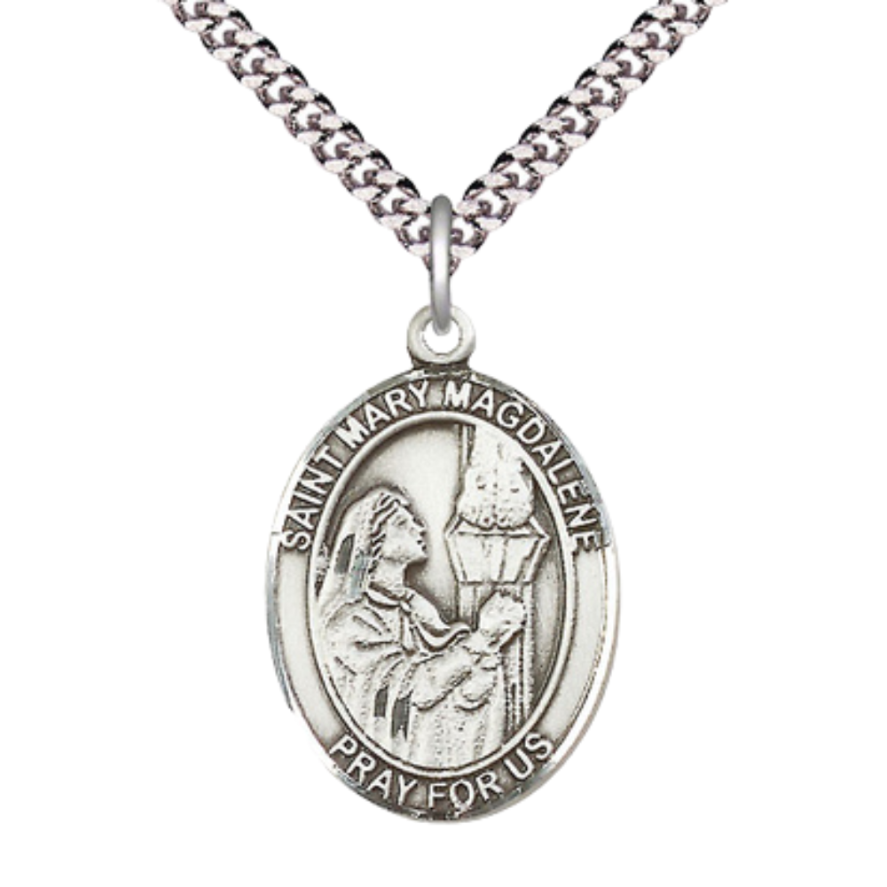 Everlasting Light Jewelry Saint St. Mary Magdalene Men's Pewter Medal Necklace, Catholic Medal - Patron Saint. of Penitent Sinners – 24 Inch Endless Rhodium Plated Chain – Velvet Gift Bo