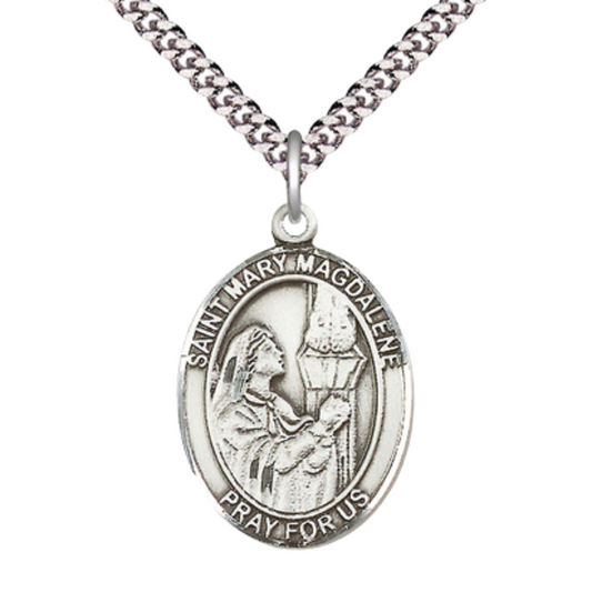 Saint St. Mary Magdalene Men's .925 Sterling Silver Medal Necklace– Patron Saint St. of Penitent Sinners – 24 Inch Light Rhodium Plated Heavy Curb Chain, Catholic Medal – Velvet Gift Bo