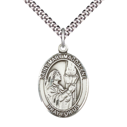 Mens 1 x 3/4" Oval Pewter Saint St. Mary Magdalene Medal Pendant on 24 Inch Rhodium Plated Heavy Curb Brass Chain with Lobster Claw clasp, Catholic Religious Necklace - Made in USA - Velvet Gift Box