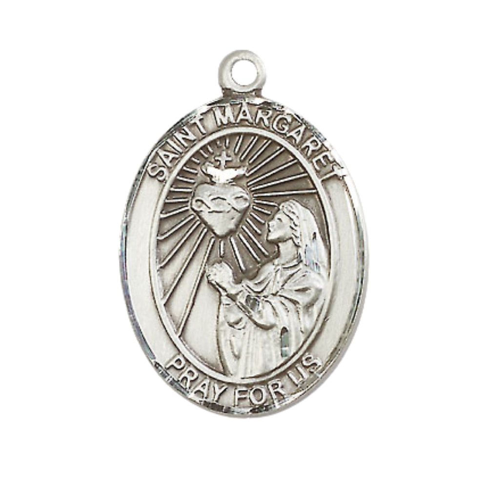Women's .925 Sterling Silver Saint St. Margaret Mary Alacoque Medal Pendant on 18 Inch Rhodium Plated Lite Curb Brass Chain w/ Lobster Claw Clasp, Catholic Religious Necklace - Made in USA- Velvet Gift Box