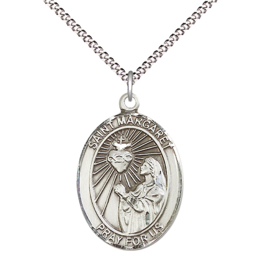Women's Pewter Saint St. Margaret Mary Alacoque Medal Pendant on 18 Inch Rhodium Plated Lite Curb Brass Chain with Lobster Claw Clasp, Catholic Religious Necklace - Made in USA- Deluxe Velvet Gift Box