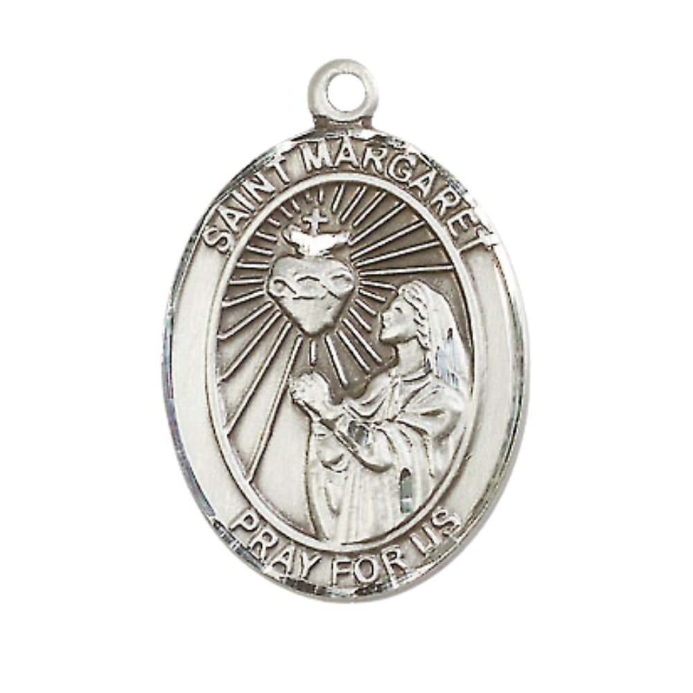 Saint Margaret Mary Alacoque Men's Sterling Silver Medal Necklace– Patron Saint of Polio & Loss of Parents – 24” Light Rhodium Plated Heavy Curb Chain – Velvet Gift Box