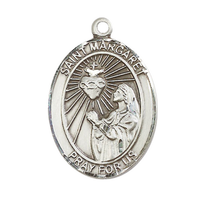Mens Sterling Silver Saint Margaret Mary Alacoque Medal Pendant on 24" Rhodium Plated Heavy Curb Brass Chain w/ Lobster Claw clasp, Catholic Religious Necklace -Made in USA- Velvet Gift Box
