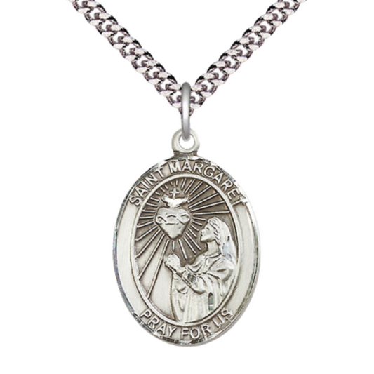 Mens Oval Pewter Saint St. Margaret Mary Alacoque Medal Pendant on 24 Inch Rhodium Plated Heavy Curb Brass Chain w/ Lobster Claw clasp, Catholic Religious Necklace - Made in USA - Velvet Gift Box