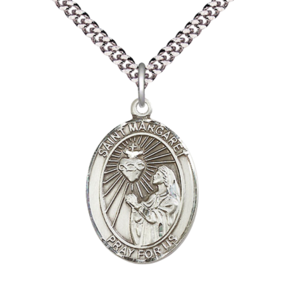 Saint Margaret Mary Alacoque Men's Sterling Silver Medal Necklace– Patron Saint of Polio & Loss of Parents – 24” Light Rhodium Plated Heavy Curb Chain – Velvet Gift Box