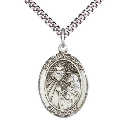 Everlasting Light Jewelry Saint St. Margaret Mary Alacoque Men's Pewter Medal Necklace, Catholic Medal - Patron Saint. of Polio & Loss of Parents – 24 Inch Endless Rhodium Plated Chain – Velvet Gift Box