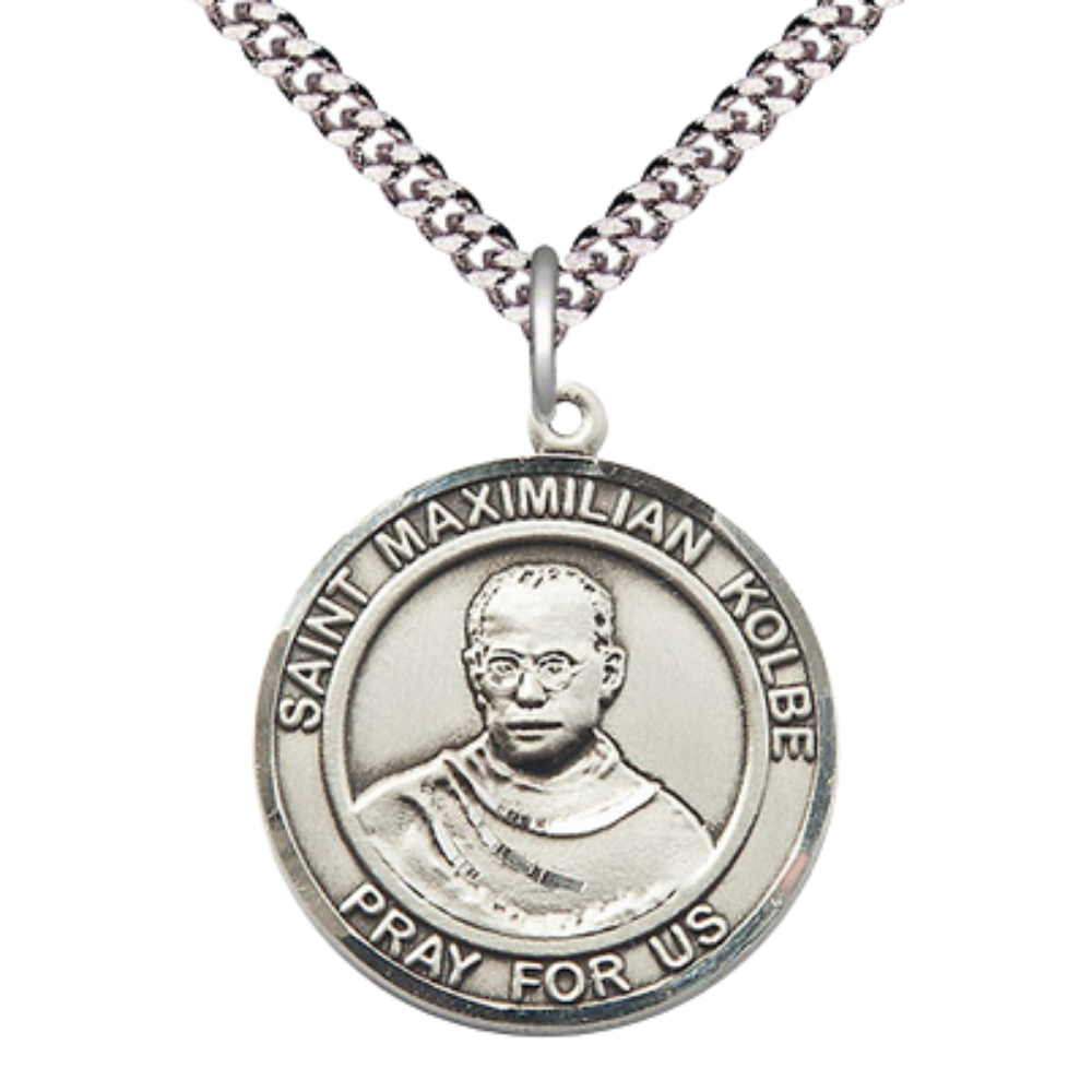 Mens Round Pewter Saint Maximilian Kolbe Medal Pendant on 24" Rhodium Plated Heavy Curb Brass Chain with Lobster Claw clasp, Catholic Religious Necklace -Made in USA- Deluxe Velvet Gift Box
