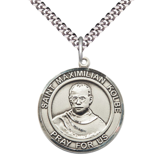 Mens Round Pewter Saint Maximilian Kolbe Medal Pendant on 24" Rhodium Plated Heavy Curb Brass Chain with Lobster Claw clasp, Catholic Religious Necklace -Made in USA- Deluxe Velvet Gift Box