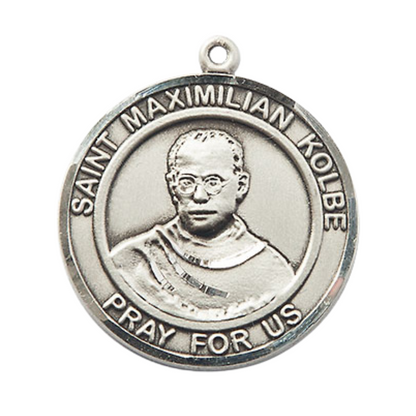 Mens Round Pewter Saint Maximilian Kolbe Medal Pendant on 24" Rhodium Plated Heavy Curb Brass Chain with Lobster Claw clasp, Catholic Religious Necklace -Made in USA- Deluxe Velvet Gift Box