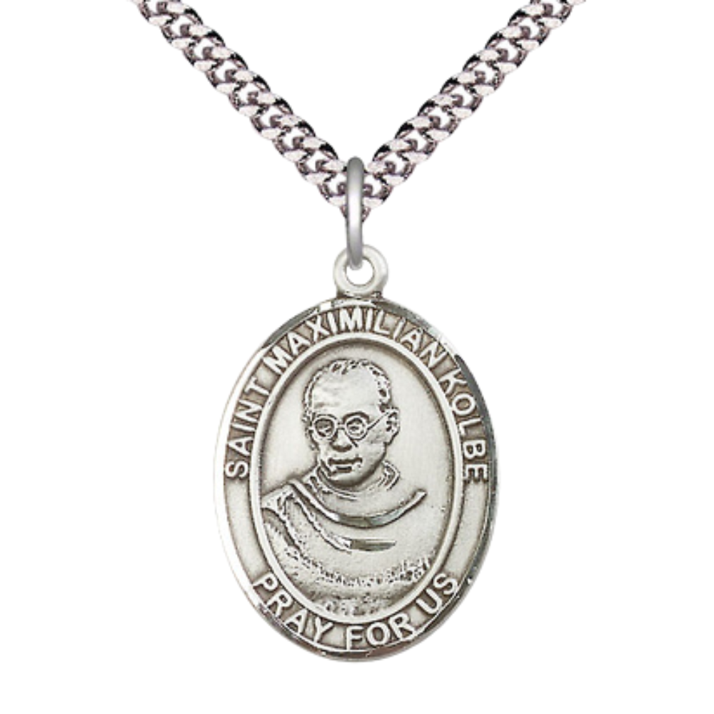 Sterling Silver Saint Maximilian Kolbe Medal – Patron Saint of Charity & Recovery with 24” Light Rhodium Heavy Curb Chain