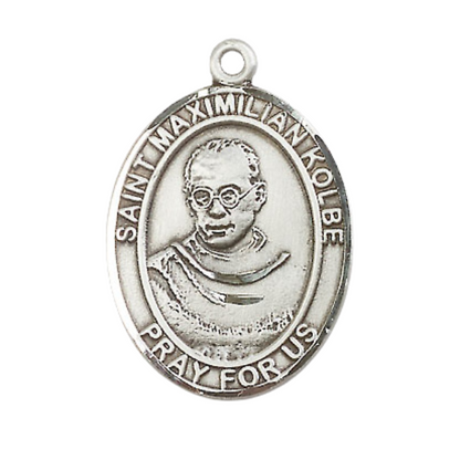 Saint St. Maximilian Kolbe Medal Necklace – Men's Pewter Pendant with 24 - Inch Endless Rhodium Plated Chain – Patron Saint St. of Charity & Those Struggling with Addiction, Catholic Medal – Velvet Gift Box Included