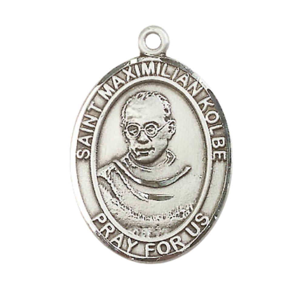 Mens .925 Sterling Silver Saint St. Maximilian Kolbe Medal Pendant on 24 inch Rhodium Plated Heavy Curb Brass Chain with Lobster Claw clasp, Catholic Religious Necklace - Made in USA- Velvet Gift Box