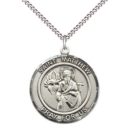 Women's .925 Sterling Silver Saint St. Matthew the Apostle Medal Pendant on 18 Inch Rhodium Plated Lite Curb Brass Chain w/ Lobster Claw Clasp, Catholic Religious Necklace- Made in USA- Deluxe Velvet Gift Box