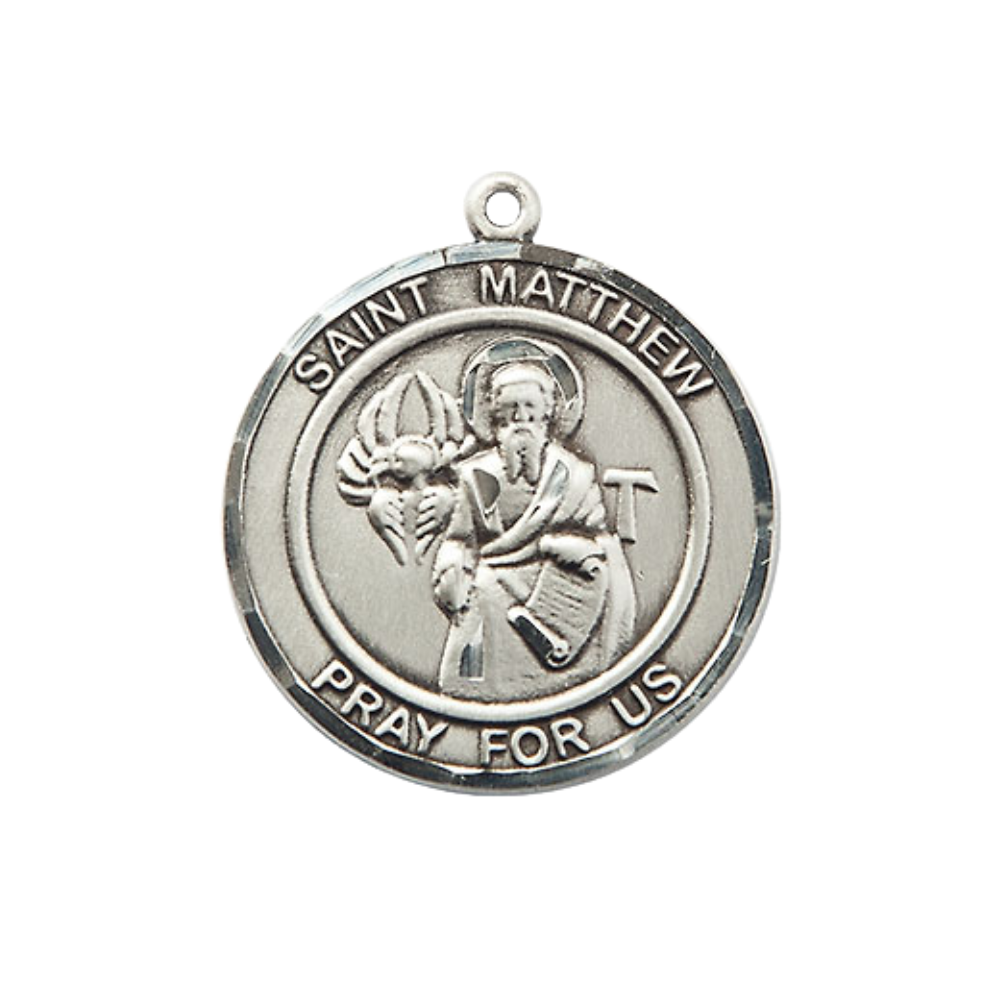 Women's .925 Sterling Silver Saint St. Matthew the Apostle Medal Pendant on 18 Inch Rhodium Plated Lite Curb Brass Chain w/ Lobster Claw Clasp, Catholic Religious Necklace- Made in USA- Deluxe Velvet Gift Box