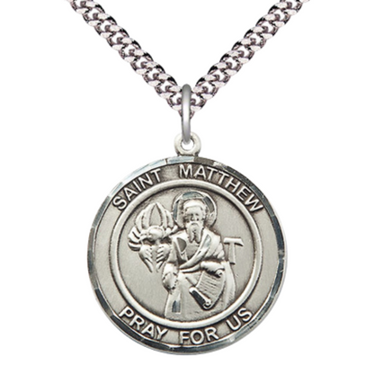 Mens Round Pewter Saint St. Matthew the Apostle Medal Pendant on 24 Inch Rhodium Plated Heavy Curb Brass Chain with Lobster Claw clasp, Catholic Religious Necklace - Made in USA- Velvet Gift Box