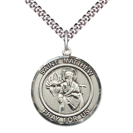 Mens Round Pewter Saint St. Matthew the Apostle Medal Pendant on 24 Inch Rhodium Plated Heavy Curb Brass Chain with Lobster Claw clasp, Catholic Religious Necklace - Made in USA- Velvet Gift Box