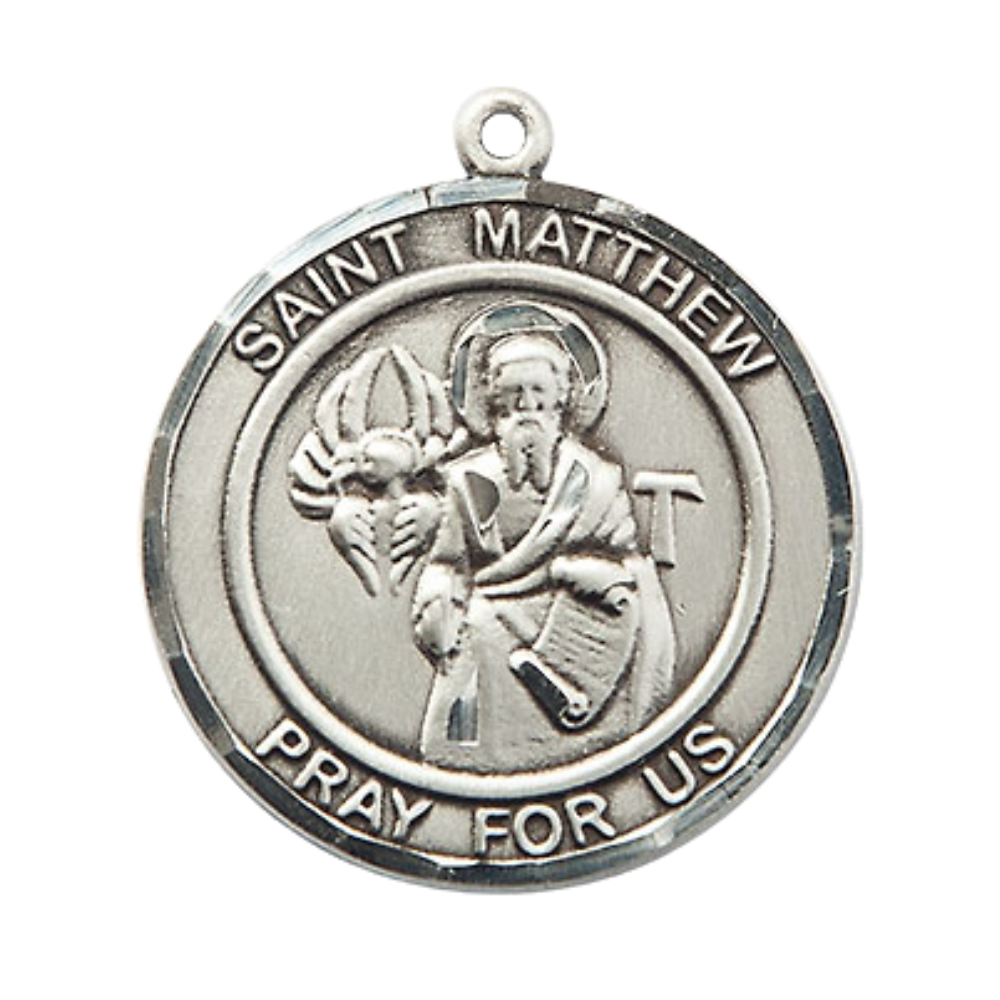 Mens Round Pewter Saint St. Matthew the Apostle Medal Pendant on 24 Inch Rhodium Plated Heavy Curb Brass Chain with Lobster Claw clasp, Catholic Religious Necklace - Made in USA- Velvet Gift Box