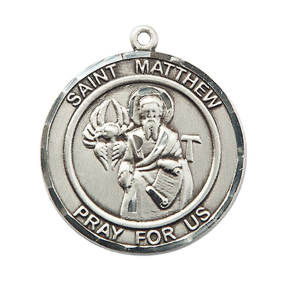 Mens Round Pewter Saint St. Matthew the Apostle Medal Pendant on 24 Inch Rhodium Plated Heavy Curb Brass Chain with Lobster Claw clasp, Catholic Religious Necklace - Made in USA- Velvet Gift Box