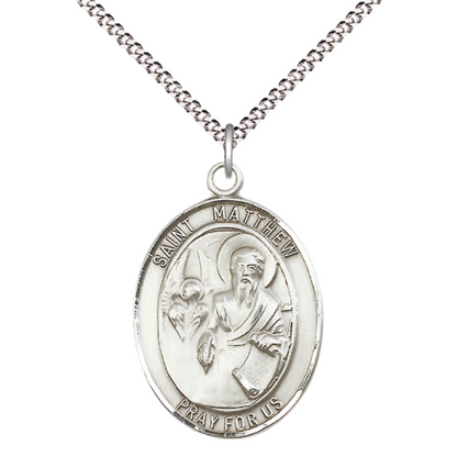 Women's .925 Sterling Silver Saint St. Matthew the Apostle Medal Pendant on 18 Inch Rhodium Plated Lite Curb Brass Chain w/ Lobster Claw Clasp, Catholic Religious Necklace - Made in USA- Deluxe Velvet Gift Box