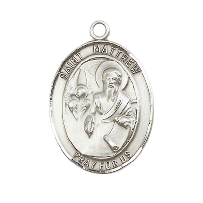 Women's .925 Sterling Silver Saint St. Matthew the Apostle Medal Pendant on 18 Inch Rhodium Plated Lite Curb Brass Chain w/ Lobster Claw Clasp, Catholic Religious Necklace - Made in USA- Deluxe Velvet Gift Box