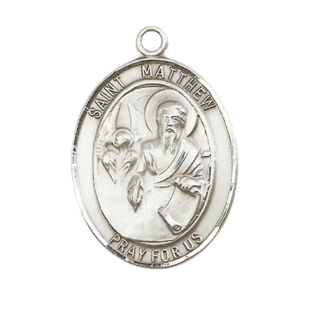 Mens .925 Sterling Silver Saint St. Matthew the Apostle Medal Pendant on 24 Inch Rhodium Plated Heavy Curb Brass Chain with Lobster Claw clasp, Catholic Religious Necklace - Made in USA- Velvet Gift Box