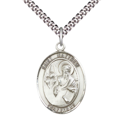Saint St. Matthew the Apostle Men's .925 Sterling Silver Medal Necklace– Patron Saint St. of Accountants & Bankers – 24 Inch Light Rhodium Plated Heavy Curb Chain, Catholic Medal – Velvet Gift Box