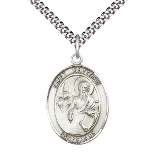 Mens Oval Pewter Saint St. Matthew the Apostle Medal Pendant on 24 Inch Rhodium Plated Heavy Curb Brass Chain with Lobster Claw clasp, Catholic Religious Necklace - Made in USA - Velvet Gift Box