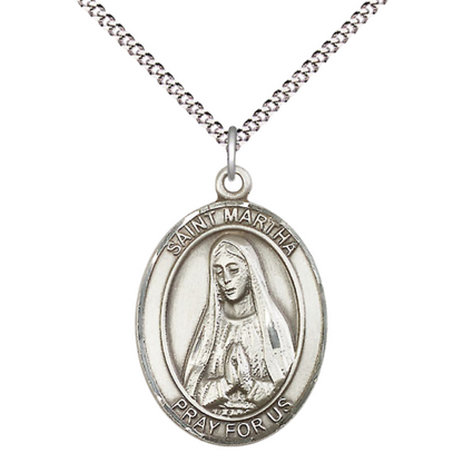Women's .925 Sterling Silver Saint St. Martha Medal Pendant on 18 Inch Rhodium Plated Lite Curb Brass Chain with Lobster Claw Clasp, Catholic Religious Necklace - Made in USA- Deluxe Velvet Gift Box