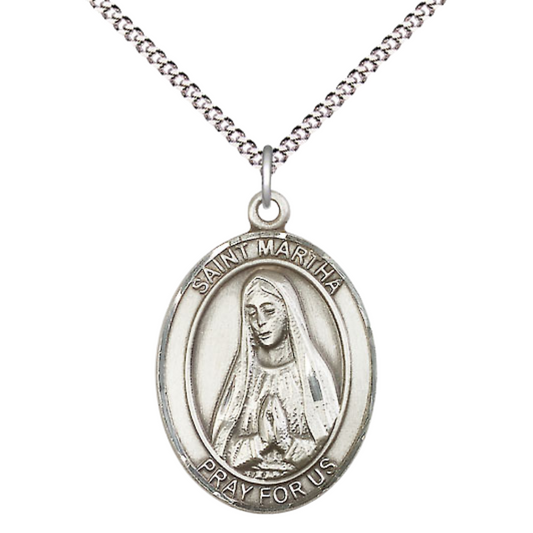 Women's .925 Sterling Silver Saint St. Martha Medal Pendant on 18 Inch Rhodium Plated Lite Curb Brass Chain with Lobster Claw Clasp, Catholic Religious Necklace - Made in USA- Deluxe Velvet Gift Box