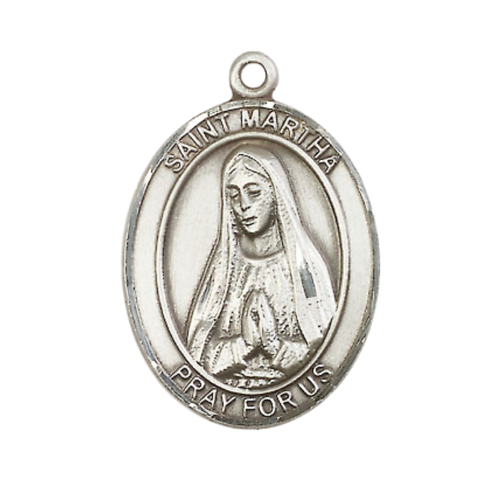 Women's Pewter Saint St. Martha Medal Pendant on 18 Inch Rhodium Plated Lite Curb Brass Chain with Lobster Claw Clasp, Catholic Religious Necklace - Made in USA- Deluxe Velvet Gift Box