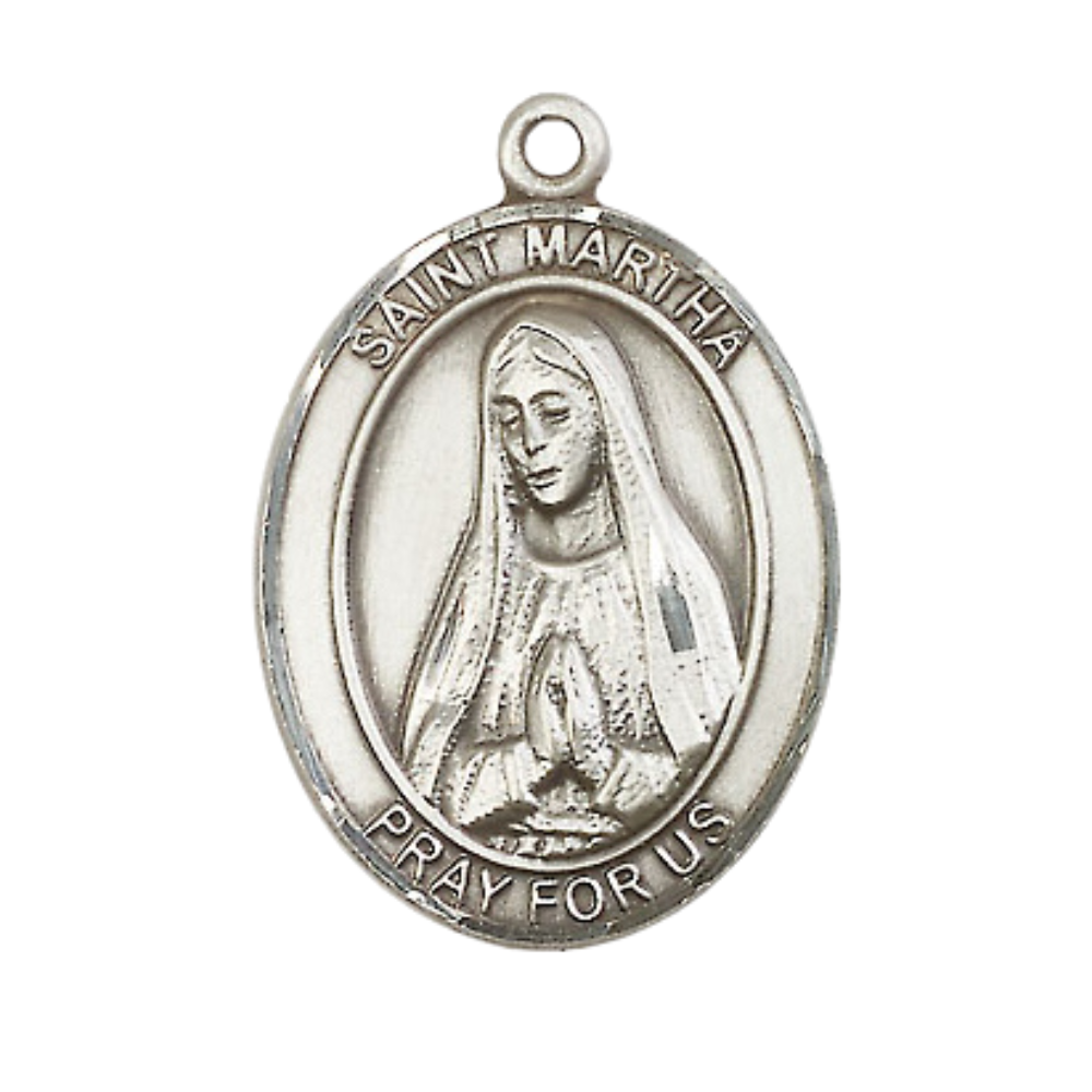 Mens 1 x 3/4" Oval Pewter Saint Martha Medal Pendant on 24" Rhodium Plated Heavy Curb Brass Chain with Lobster Claw clasp , Catholic Religious Necklace -Made in USA - Deluxe Velvet Gift Box
