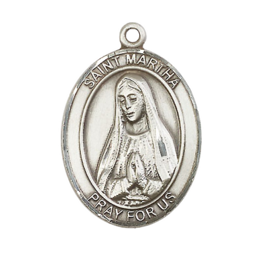 Mens Oval .925 Sterling Silver Saint St. Martha Medal Pendant on 24 Inch Rhodium Plated Heavy Curb Brass Chain with Lobster Claw clasp, Catholic Religious Necklace - Made in USA- Velvet Gift Box