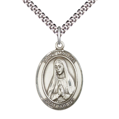Saint St. Martha Men's .925 Sterling Silver Medal Necklace– Patron Saint St. of Maids & Innkeepers – 24 Inch Light Rhodium Plated Heavy Curb Chain, Catholic Medal – Velvet Gift Box