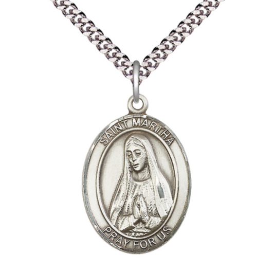 Mens 1 x 3/4" Oval Pewter Saint Martha Medal Pendant on 24" Rhodium Plated Heavy Curb Brass Chain with Lobster Claw clasp , Catholic Religious Necklace -Made in USA - Deluxe Velvet Gift Box