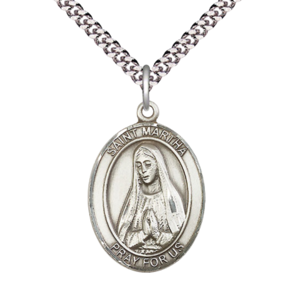 Everlasting Light Jewelry Saint St. Martha Men's Pewter Medal Necklace, Catholic Medal - Patron Saint. of Maids & Innkeepers – 24 Inch Endless Rhodium Plated Chain – Velvet Gift Box