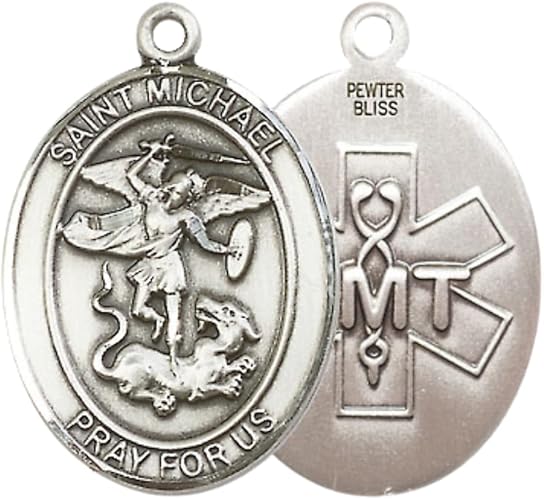 Women's Pewter Saint St. Michael EMT Medal Pendant Necklace with 18Inch Rhodium Plated Lite Curb Brass Chain, Catholic Medal – Patron Saint St. of Police Officers and EMTs – First Responder Gift in Velvet Box