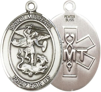 Women's Pewter Saint St. Michael EMT Medal Pendant Necklace with 18Inch Rhodium Plated Lite Curb Brass Chain, Catholic Medal – Patron Saint St. of Police Officers and EMTs – First Responder Gift in Velvet Box