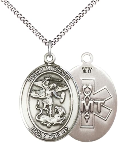 Women's Pewter Saint St. Michael EMT Medal Pendant Necklace with 18Inch Rhodium Plated Lite Curb Brass Chain, Catholic Medal – Patron Saint St. of Police Officers and EMTs – First Responder Gift in Velvet Box