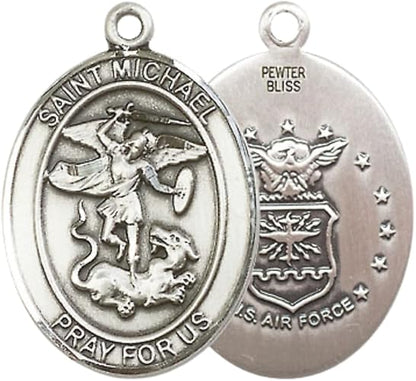 Women's Pewter Saint St. Michael Air Force Medal Pendant Necklace with 18- Inch Rhodium Plated Lite Curb Brass Chain, Catholic Medal - Patron Saint. of Police Officers and EMTs – Gift for Airmen in Velvet Box