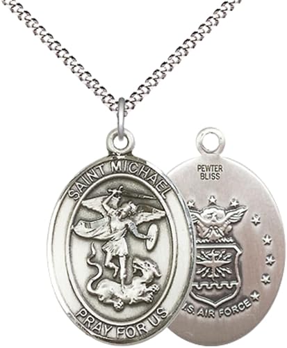 Women's Pewter Saint St. Michael Air Force Medal Pendant Necklace with 18- Inch Rhodium Plated Lite Curb Brass Chain, Catholic Medal - Patron Saint. of Police Officers and EMTs – Gift for Airmen in Velvet Box