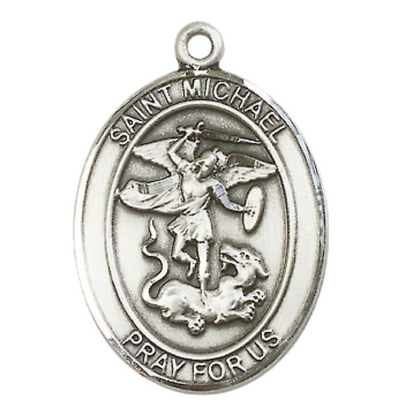Women's Pewter Patron Saint St. Michael the Archangel Medal Pendant with 18 Inch Rhodium Plated Lite Curb Brass Chain Catholic Religious Necklace - Made in USA, Deluxe Velvet Gift Box