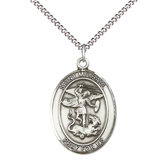 Women's Pewter Patron Saint St. Michael the Archangel Medal Pendant with 18 Inch Rhodium Plated Lite Curb Brass Chain Catholic Religious Necklace - Made in USA, Deluxe Velvet Gift Box